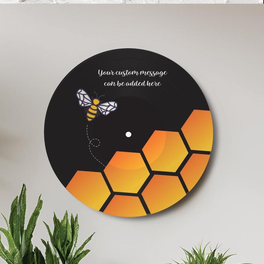 Bee Vinyl Record Art, 12" Real Vinyl Record Printed with Bee, Hive and your custom message, retro wall art, upcycled vinyl record art
