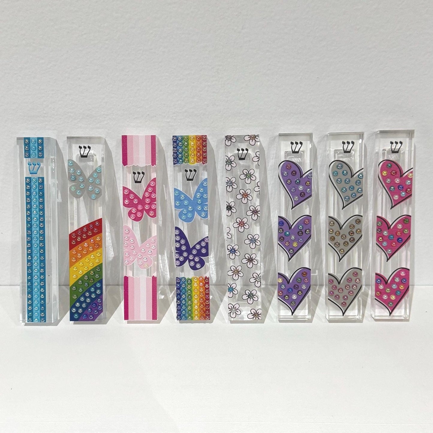 Mezuzah - Blue Pearl Stripe Mezuzah - Embellished Acrylic Mezuzah with colored pearls - Judaica Gift - Beaded Mezuzah