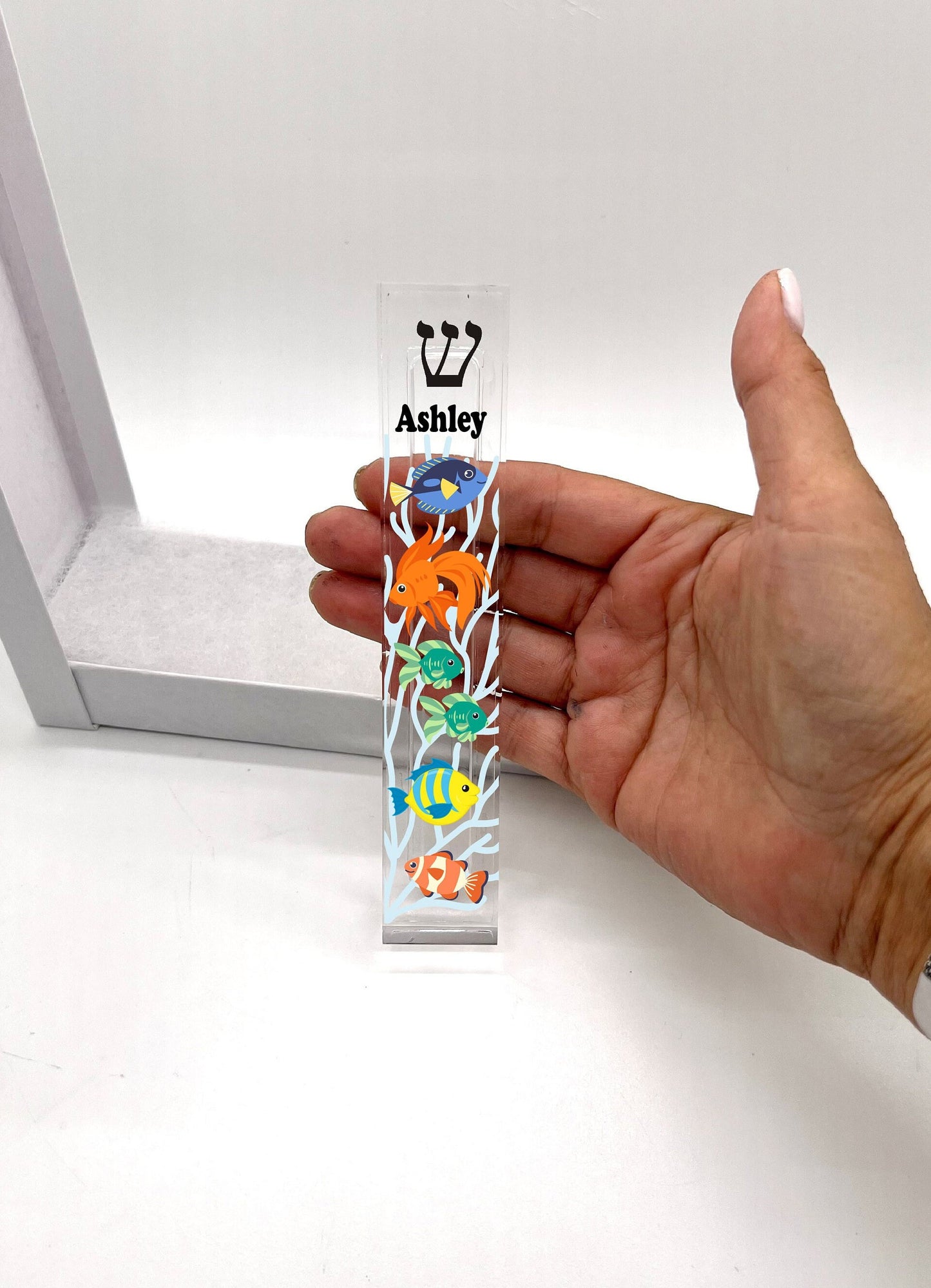 Personalized Mezuzah -Fish Mezuzah - Acrylic Mezuzah - Modern Mezuzah -Under the sea theme - New Baby Gift - Bris Gift- Baby Naming Gift