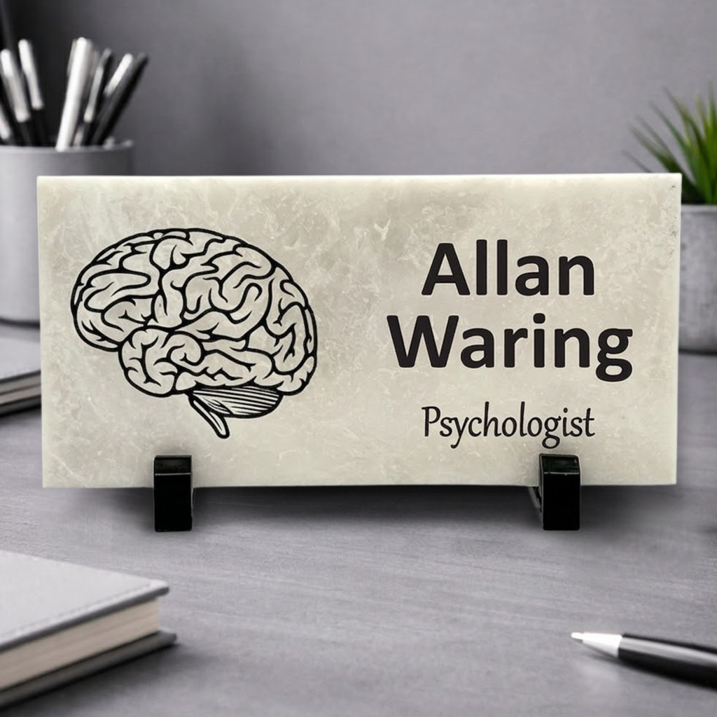 Marble Name Plate - Personalized Desktop Name Plaque with Brain Image for Office Desk Decor