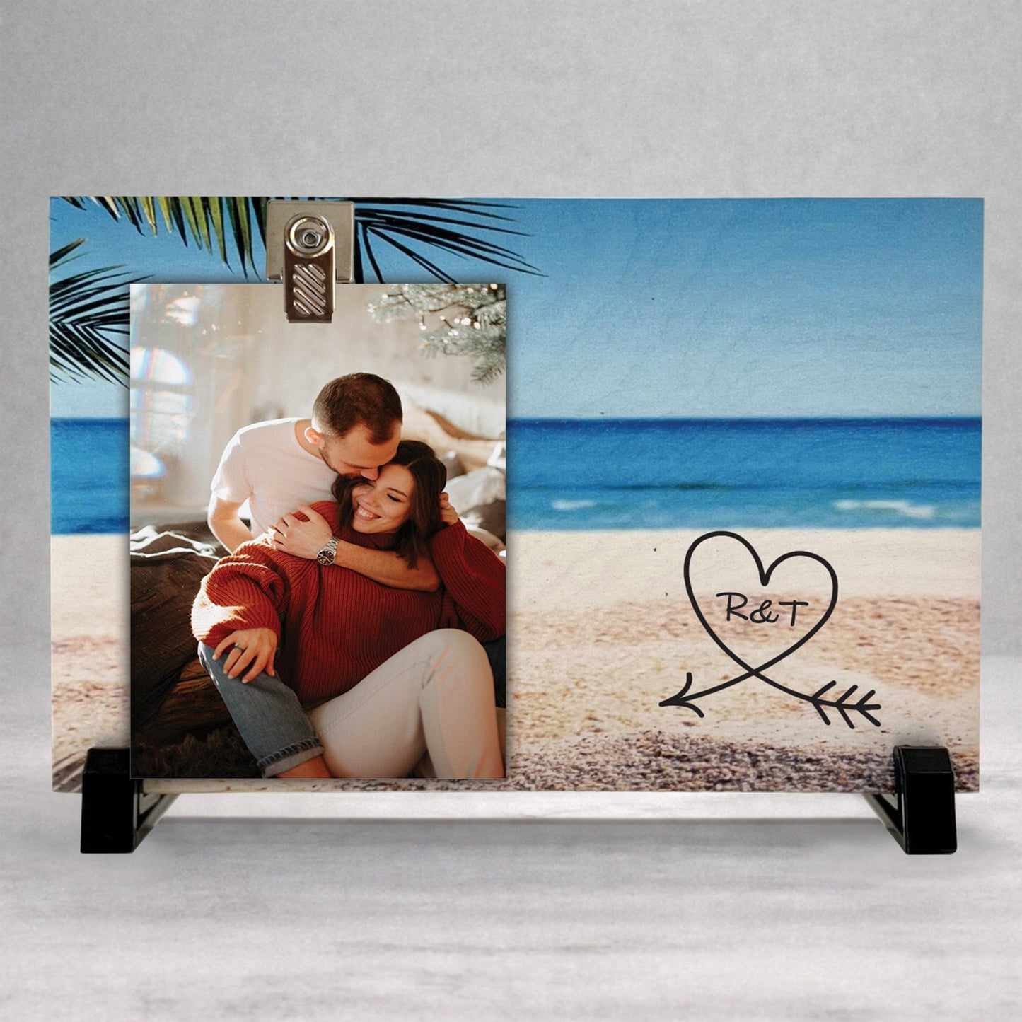 Personalized Wood Frame - Valentines Day Gift With Initials - Beach Background