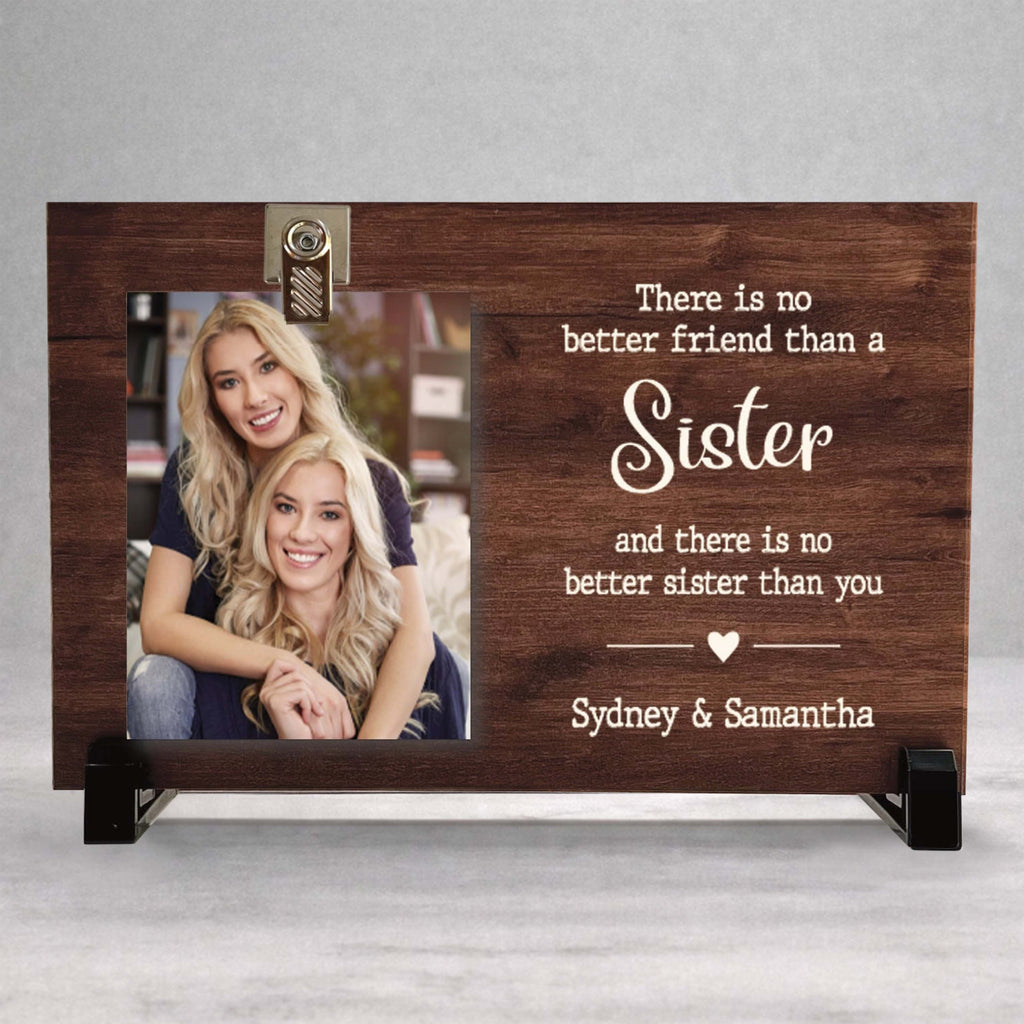 Personalized Sister Frame - Custom Wood Picture Frame With Photo Clip & Wood Background Color