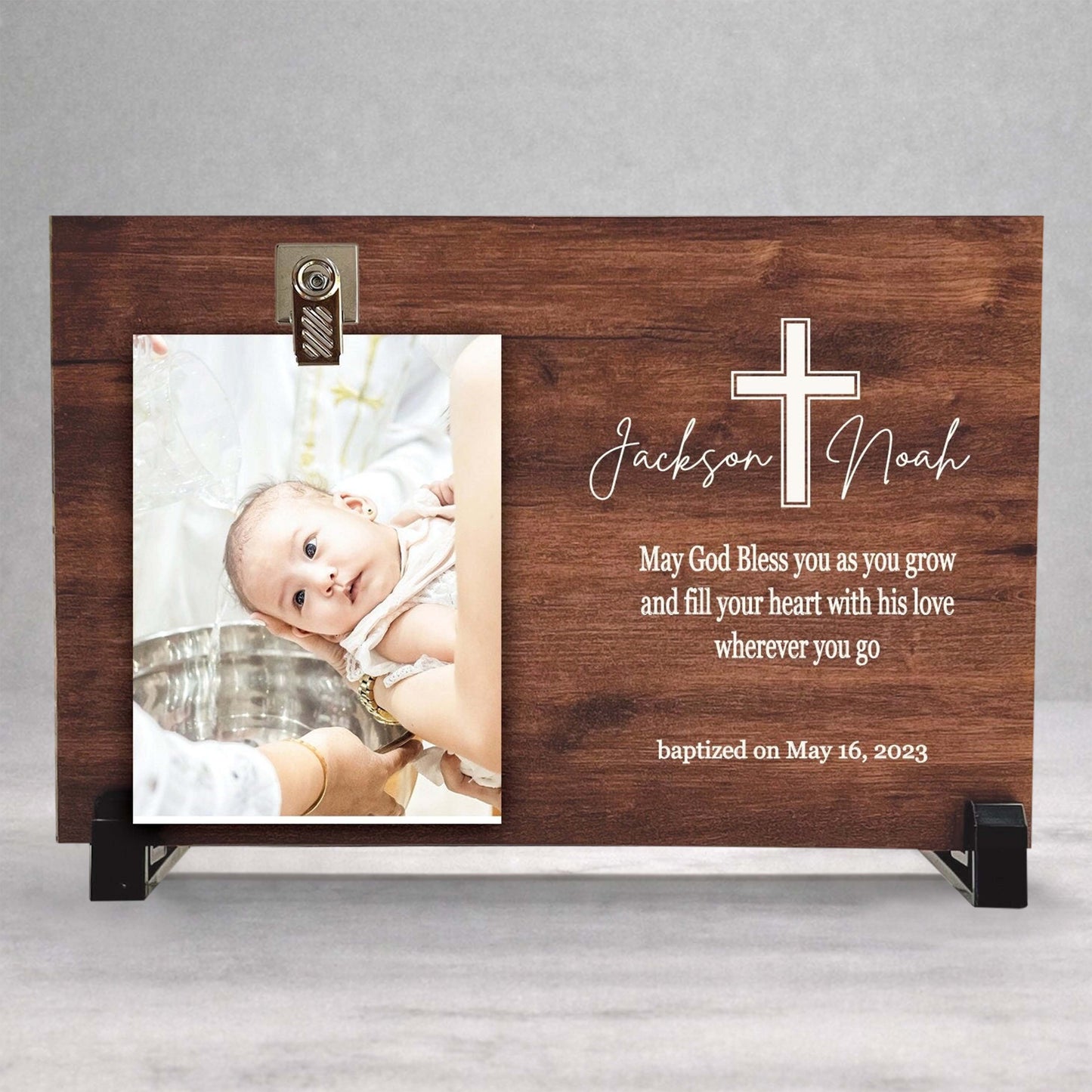 Personalized Baptism Gift - Custom Wood Frame With Photo Clip