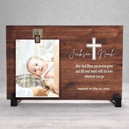 Personalized Baptism Gift - Custom Wood Frame With Photo Clip