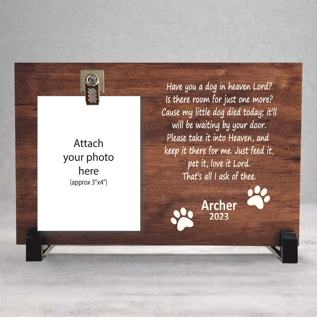 Dog Memorial Frame - Personalized Wooden Pet Tribute With Photo Clip