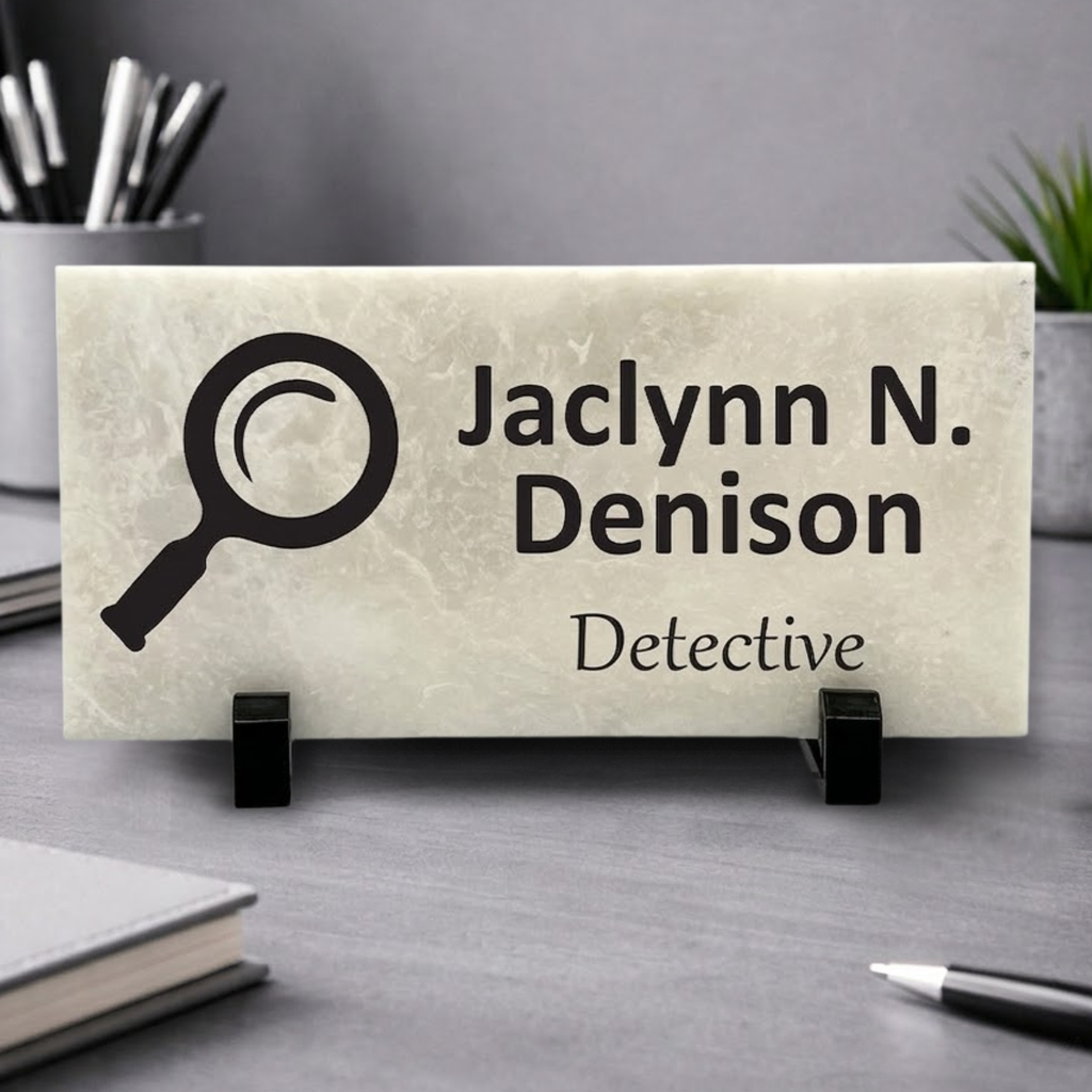 Detective Desk Sign – Personalized Marble Desktop Plaque With Magnifying Glass Image