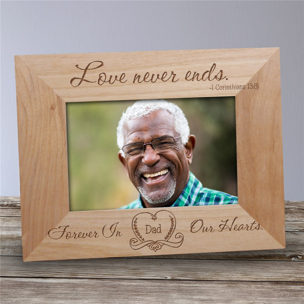 Love Never Ends memorial wood picture frame with 1 Corinthians 13:8 scripture engraving and personalized title