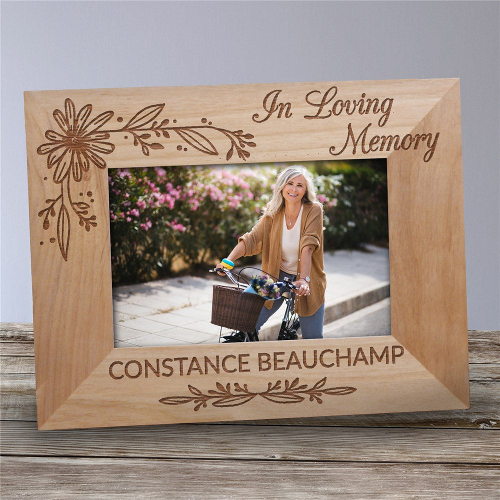Floral In Loving Memory engraved wood picture frame with personalized name and memorial design