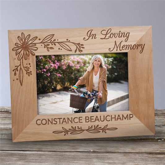 Floral In Loving Memory engraved wood picture frame with personalized name and memorial design
