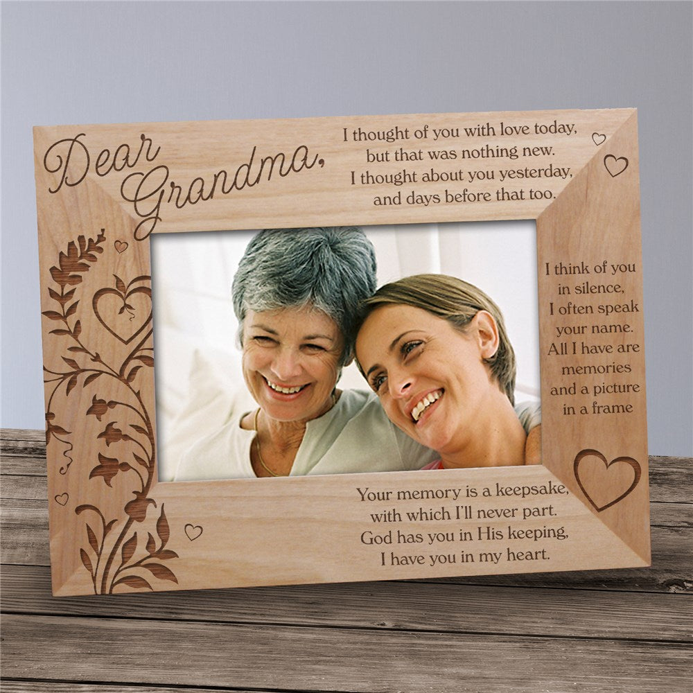 Memory Is a Keepsake memorial wood picture frame with floral poem design and personalized remembrance engraving