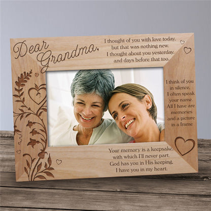 Memory Is a Keepsake memorial wood picture frame with floral poem design and personalized remembrance engraving