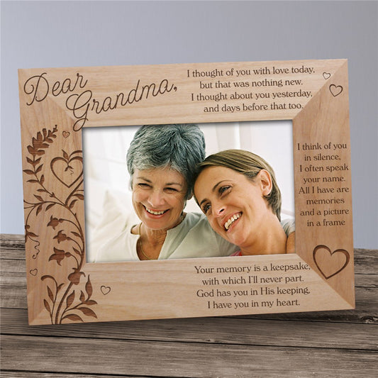 Memory Is a Keepsake memorial wood picture frame with floral poem design and personalized remembrance engraving