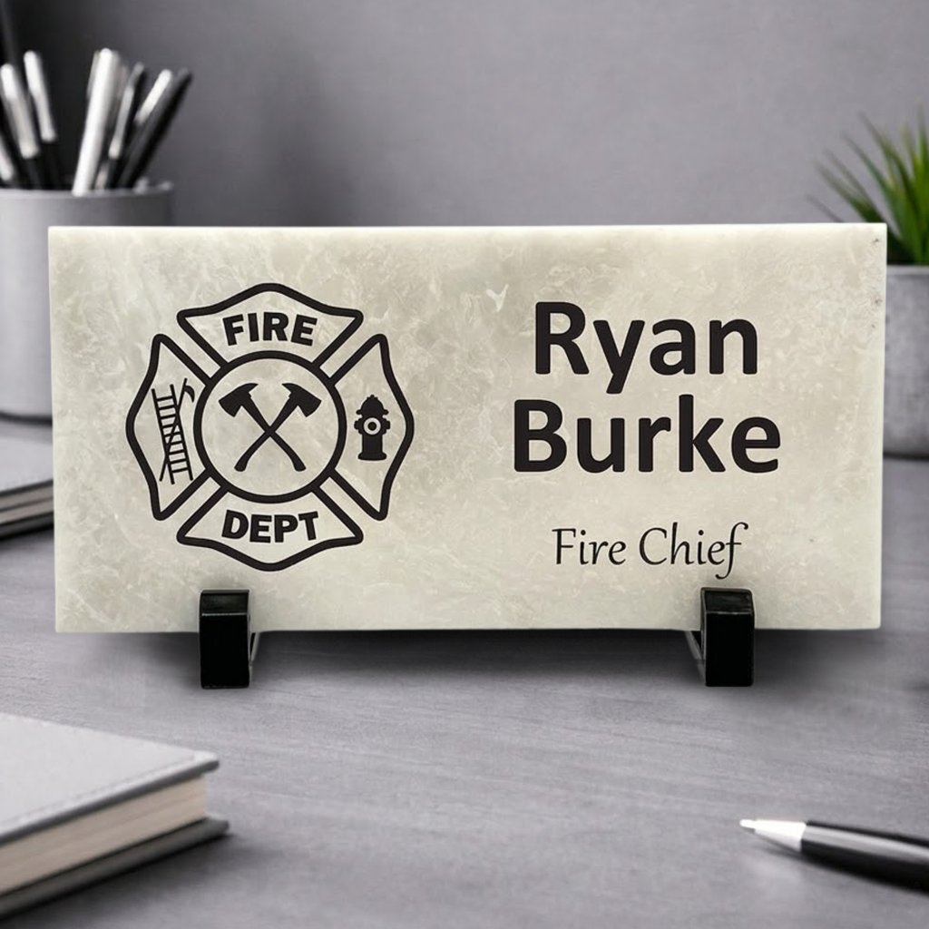 Firefighter Name Plate - Personalized Marble Desktop Plaque With Fire Department Emblem