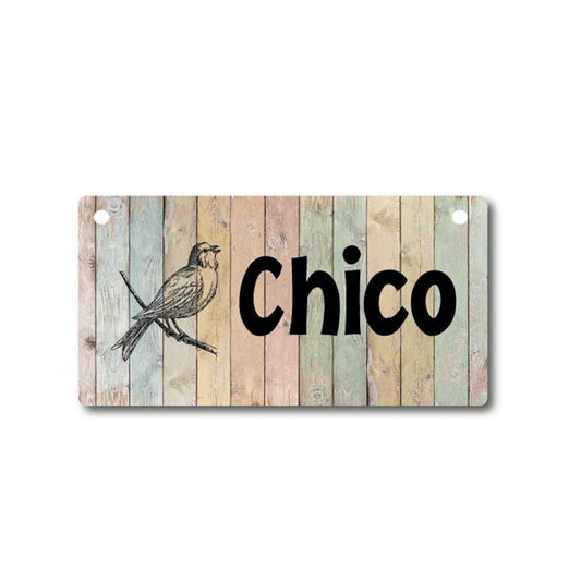 Bird Cage Name Plate - Personalized Aluminum Pet Cage Sign with Faux Wood Background