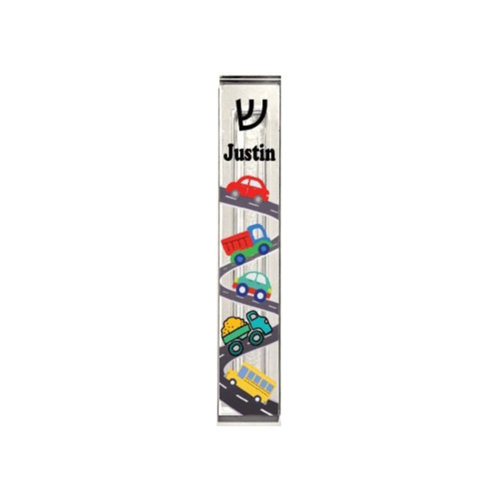 Personalized Acrylic Mezuzah - Kids Cars Trucks Mezuzah Case | Custom Name Gift