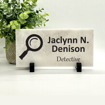Detective Desk Sign – Personalized Marble Desktop Plaque With Magnifying Glass Image