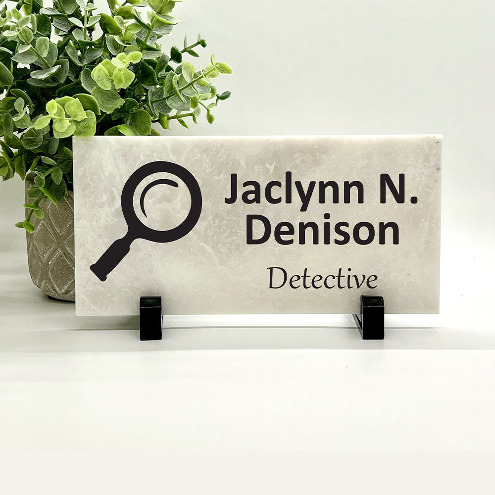 Detective Desk Sign – Personalized Marble Desktop Plaque With Magnifying Glass Image