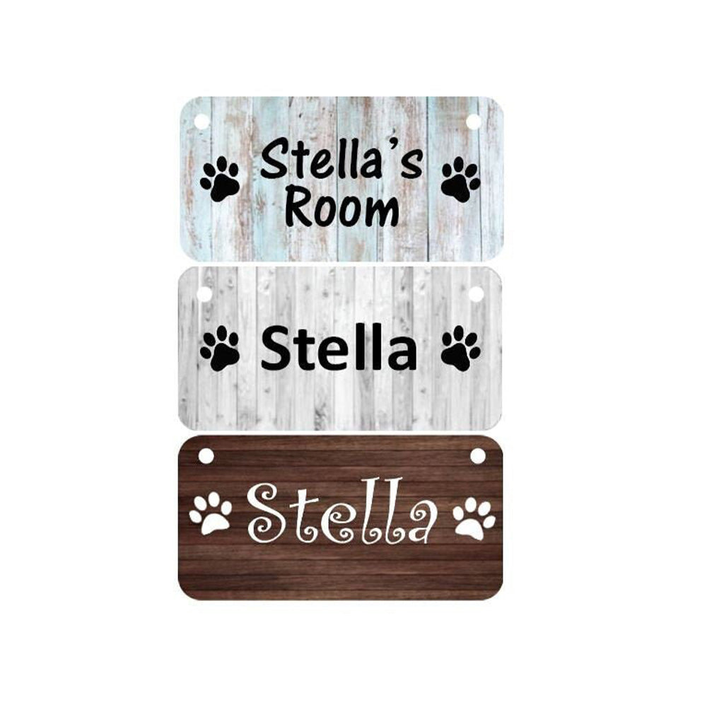 Dog Crate Name Sign - Personalized Aluminum Pet Crate Sign with Faux Wood Background