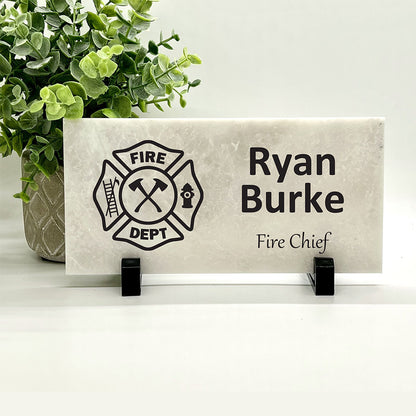 Firefighter Name Plate - Personalized Marble Desktop Plaque With Fire Department Emblem