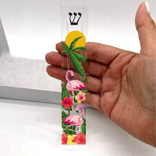 Personalized Acrylic Mezuzah - Tropical Flamingo Custom Case with Adhesive Back