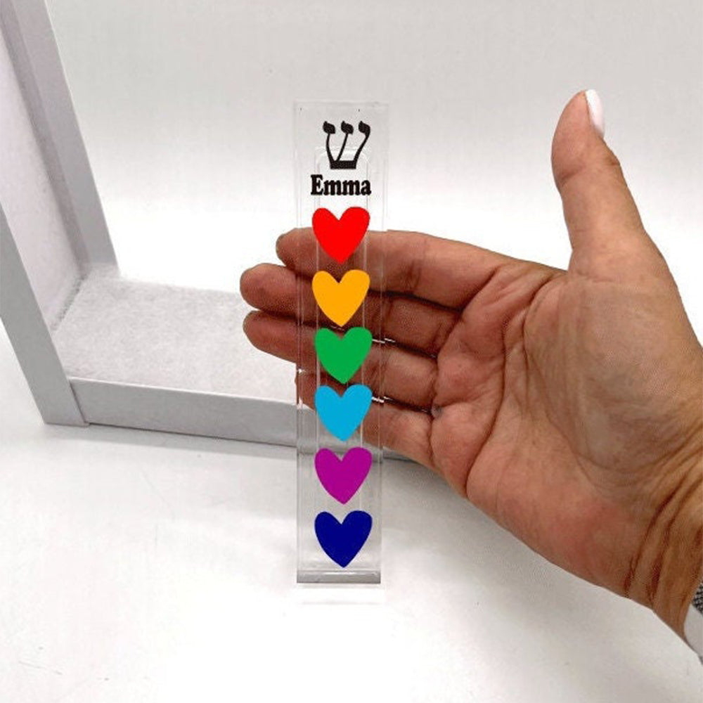 Personalized Acrylic Mezuzah – Colorful Heart Design | Custom Mezuzah Case with Adhesive