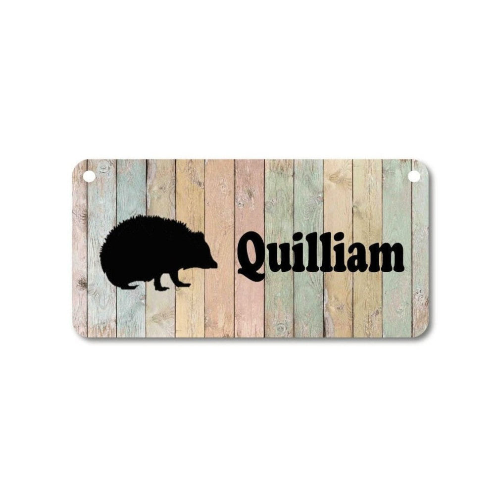 Hedgehog Cage Name Plate - Custom Pet Sign With Wood Background & Aluminum Base