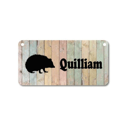 Hedgehog Cage Name Plate - Custom Pet Sign With Wood Background & Aluminum Base