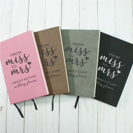 Personalized From Miss To Mrs Leather Journal for indoor display