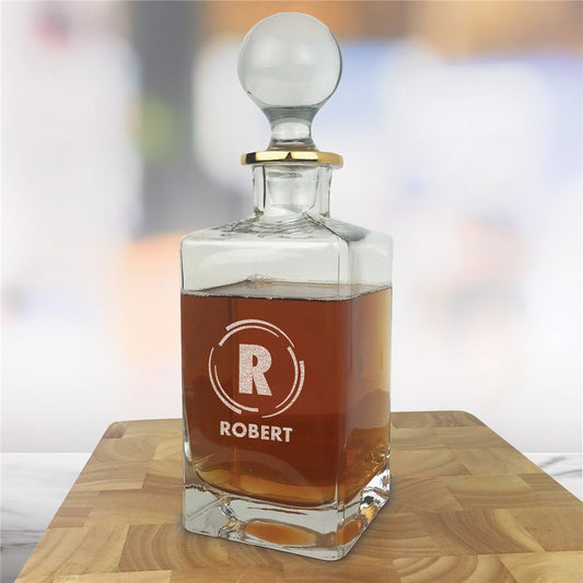 Engraved Groomsmen Circular Lines Gold Rim Decanter for indoor display