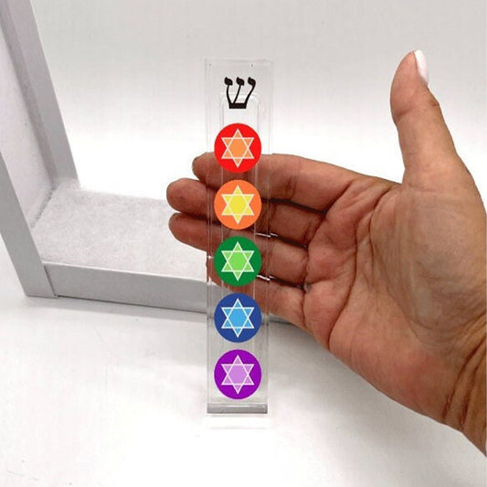 Acrylic Mezuzah Rainbow Colored Jewish Stars - Custom Mezuzah Case