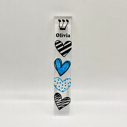 Personalized Acrylic Mezuzah - Turquoise Heart Design | Custom Kids & Teen Gift
