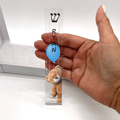 Personalized Mezuzah - Teddy Bear Acrylic Case with Balloon | Custom Kids Gift