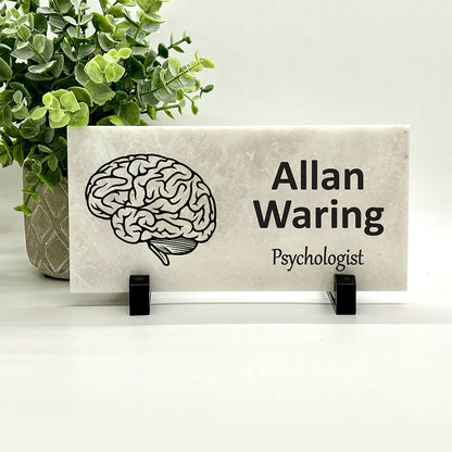 Psychologist Name Plate - Custom Marble Desk Nameplate With Brain Image Plaque