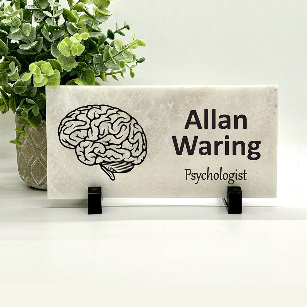 Psychologist Name Plate - Custom Marble Desk Nameplate With Brain Image Plaque