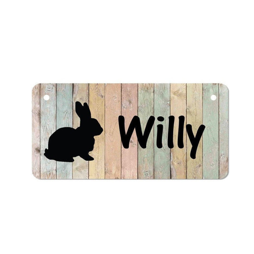 Rabbit Cage Name Plate - Personalized 3x6 Aluminum Pet Sign With Wood Background