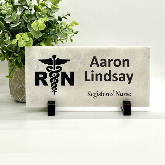 Registered Nurse Desk Sign – Custom Marble Name Plate | Personalized Nurse Gift