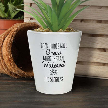 Personalized Good Things Will Grow ceramic flower pot with custom family name