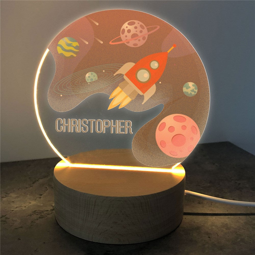 Personalized Outer Space Rocket Round Light Up Sign – Custom Kids LED Night Light