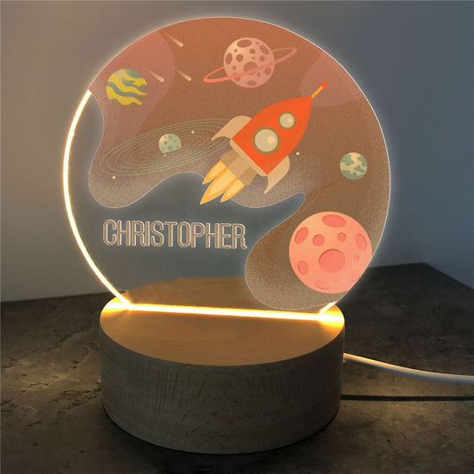 Personalized Outer Space Rocket Round Light Up Sign – Custom Kids LED Night Light