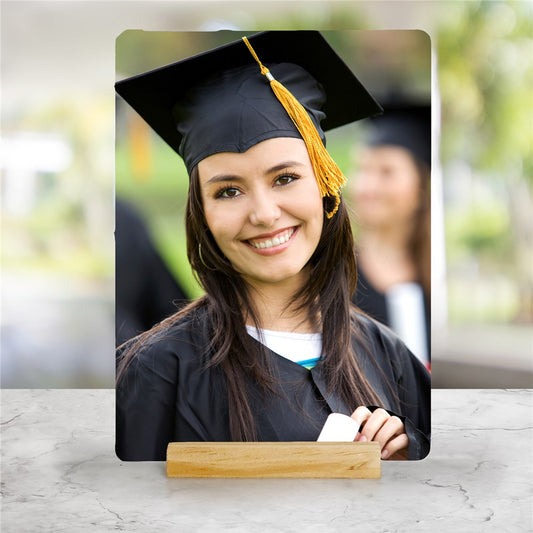 Personalized Photo Acrylic Tabletop Sign – Custom 6 x 8 Photo Sign with Wood Base