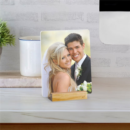 Personalized Photo Acrylic Tabletop Sign – Custom 6 x 8 Photo Sign with Wood Base