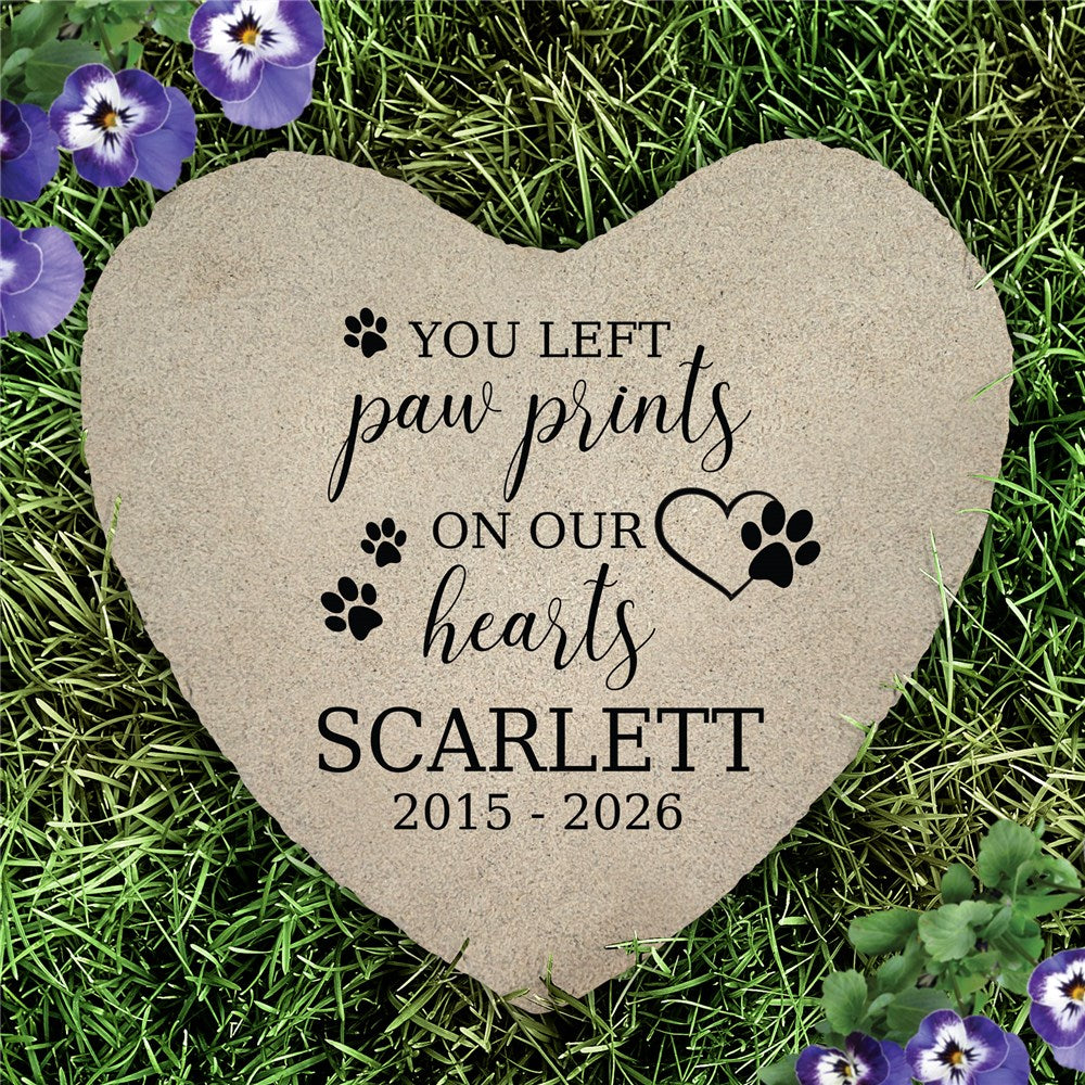 Personalized Paw Print On Our Hearts Heart Garden Stone – Pet Memorial Gift