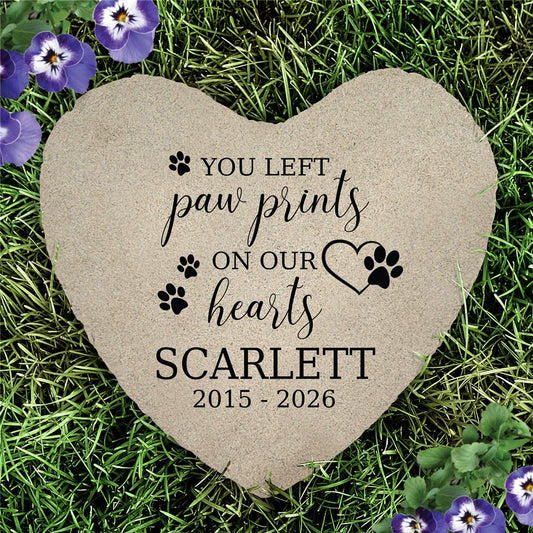 Personalized Paw Print On Our Hearts Heart Garden Stone – Pet Memorial Gift