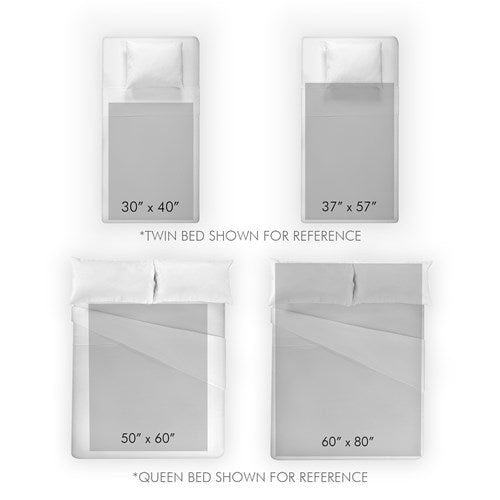 four different twin beds, each with a pillow and a blanket, along with their corresponding dimensions. The beds are labeled with the measurements in inches, indicating the size of the bed for reference.