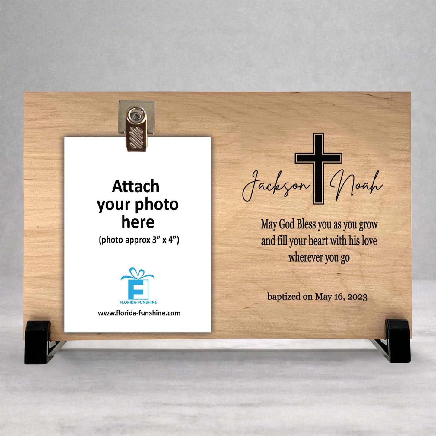 Personalized Baptism Gift - Custom Wood Frame With Photo Clip