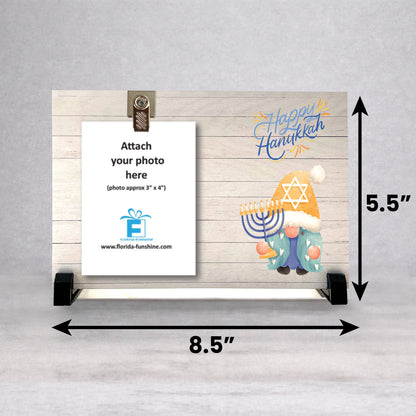 Hanukkah Picture Frame - Custom Wood Frame With Festive Gnome Decor & Photo Clip