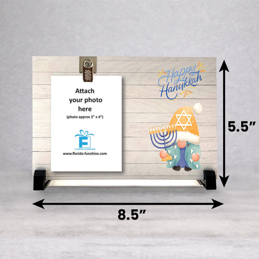 Hanukkah Picture Frame - Custom Wood Frame With Festive Gnome Decor & Photo Clip