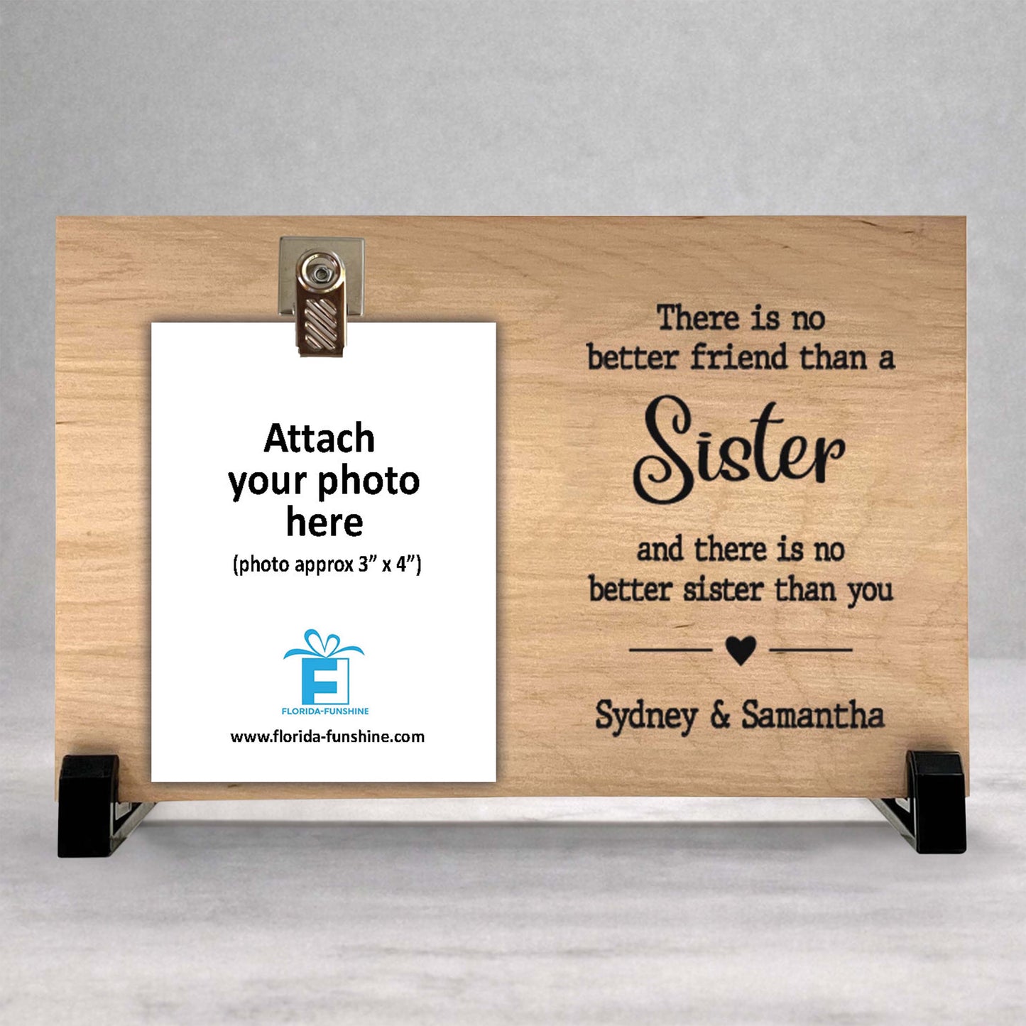 Personalized Sister Frame - Custom Wood Picture Frame With Photo Clip & Wood Background Color