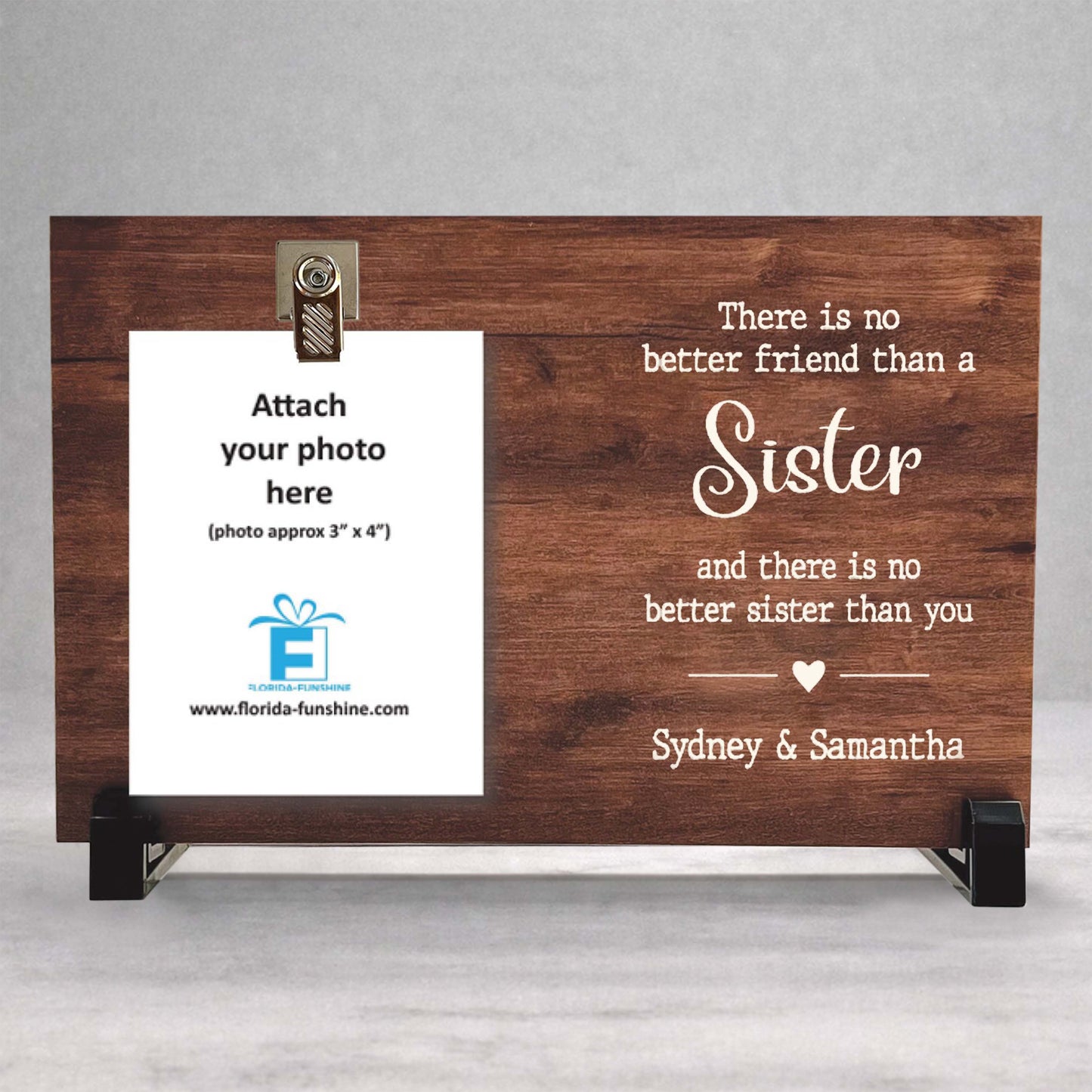 Personalized Sister Frame - Custom Wood Picture Frame With Photo Clip & Wood Background Color