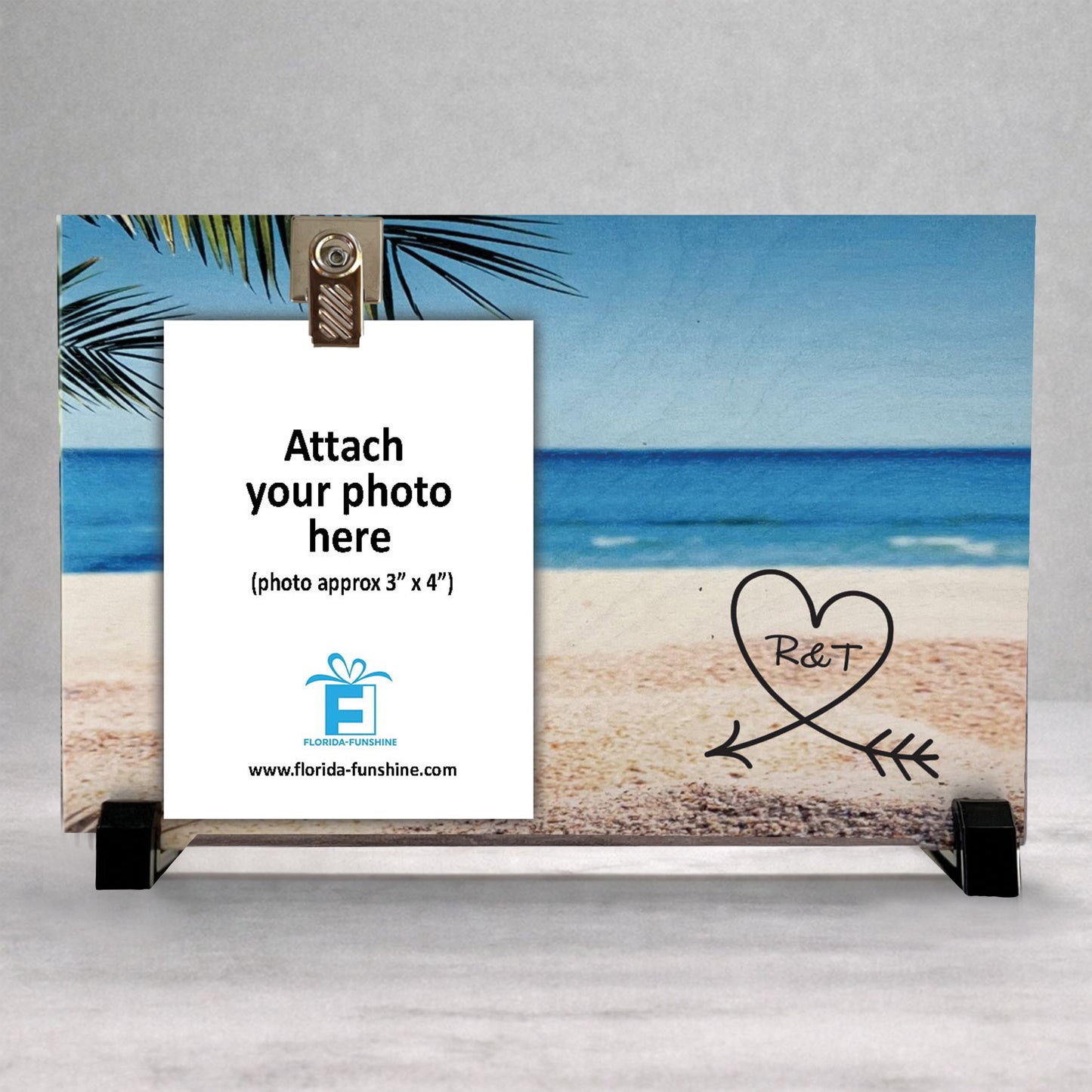 Personalized Wood Frame - Valentines Day Gift With Initials - Beach Background